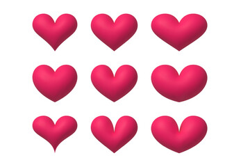 3d heart. Realistic red heart balloons in various shape. Romantic inflated purple hearts isolated elements for valentines and mother day card, wedding invitation. Vector set.