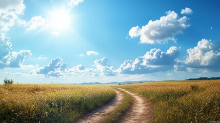 Obraz premium Scenic Dirt Path Through Golden Fields Under Bright Blue Sky