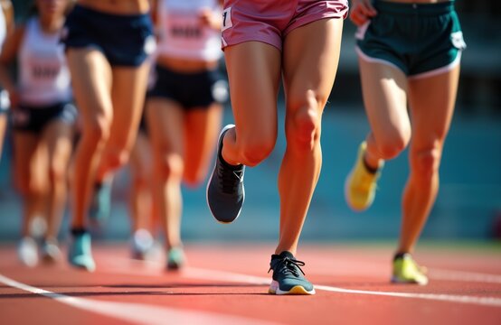 Female runners sprint on running track. Athletes race, compete in sports competition. Closeup of legs, feet. Summer sunny day. Active lifestyle, fitness. Marathon, running shoes.