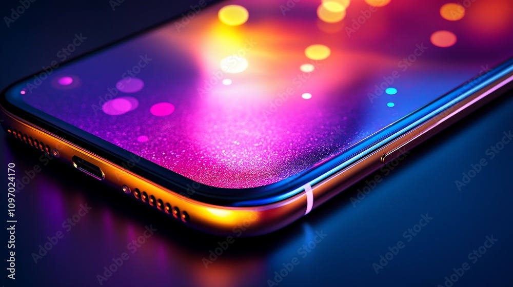 Poster Close-up of smartphone displaying vibrant bokeh lights.