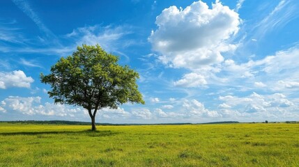 Fototapeta premium Serene Green Landscape with Lonely Tree under Blue Sky and Clouds