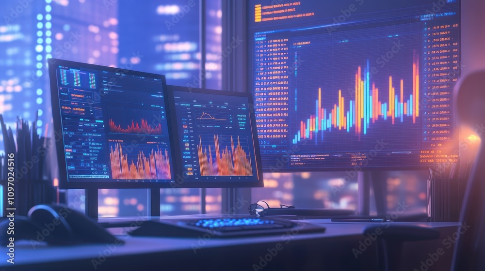 Poster A modern workspace with dual monitors displaying financial data and stock charts.