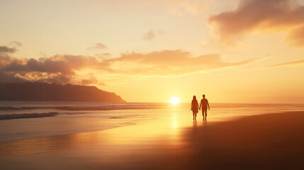 A couple walks hand-in-hand along the beach at sunset, with golden skies and gentle waves creating a serene and romantic atmosphere.