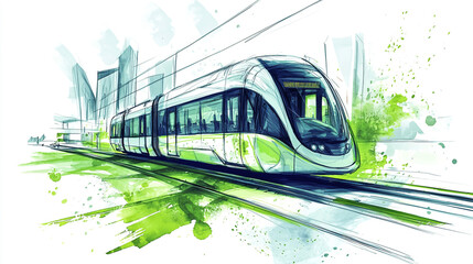 Modern Light Rail Transit Train Sketch  Cityscape  Green Eco Transport