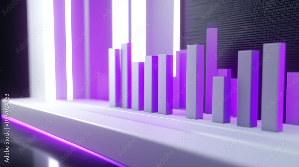 Poster abstract visualization with vertical bars and glowing lights in purple and white tones.