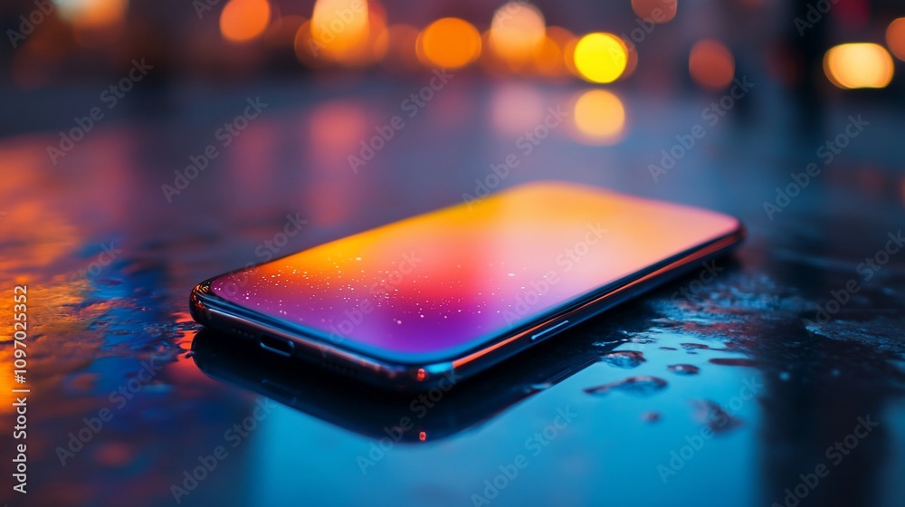 Poster Smartphone on wet table at night with colorful bokeh.
