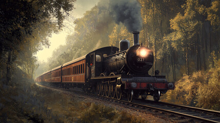 Fototapeta premium Vintage Steam Train Journey Through Autumn Forest Landscape