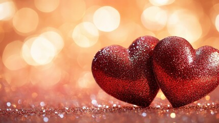 Fototapeta premium Shimmering Red Hearts on a Glittering Background for Romantic Themes