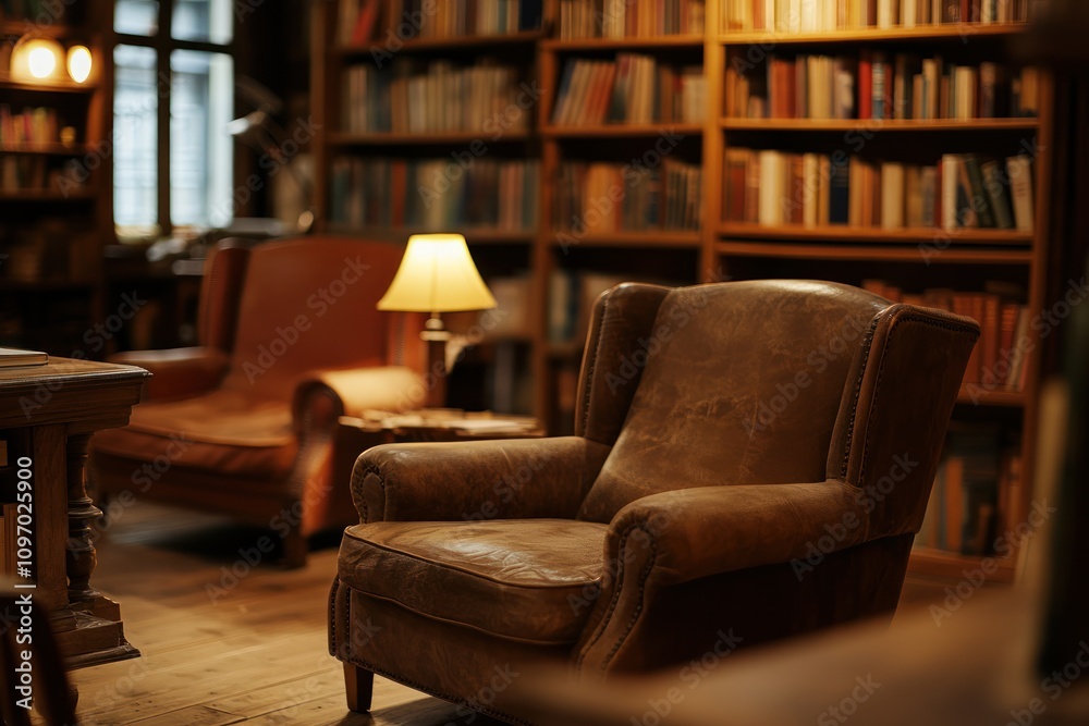 Poster cozy reading nook with leather chairs and a warm lamp in a library setting.