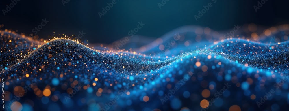 Poster Abstract blue yellow digital tech background. Futuristic AI network structure. Geometric polygon design. Data mesh concept. Cyber space grid. Binary code dots connect. Communication future