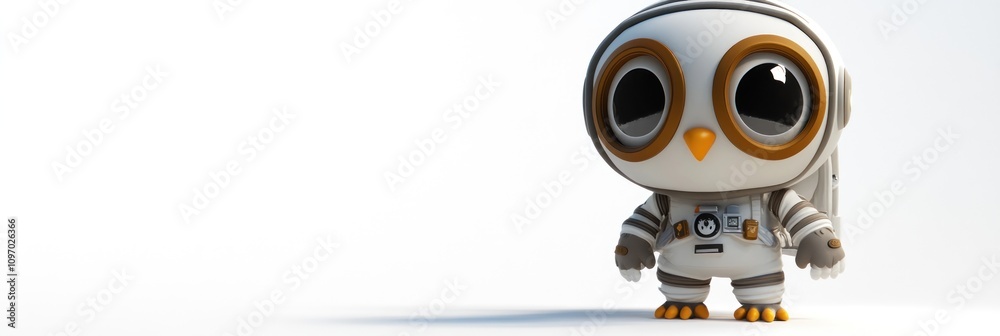 Poster a cute astronaut owl character designed for playful and imaginative purposes.