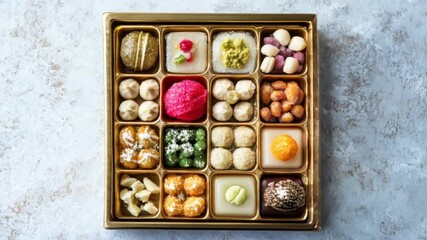 Colorful assortment of indian traditional sweets arranged neatly in a golden box during a festive celebration