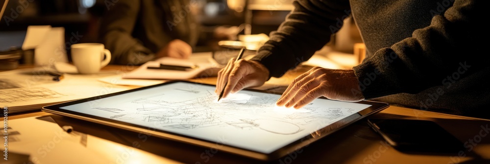 Poster a person using a digital tablet for design work in a cozy, well-lit workspace.