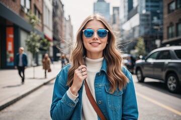 Fototapeta premium Fashionable Young Woman Rocking Chic Sunglasses Enjoying Urban Exploration