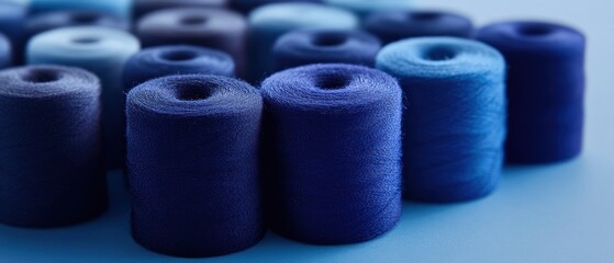 Blue thread spools arranged in a neat pattern