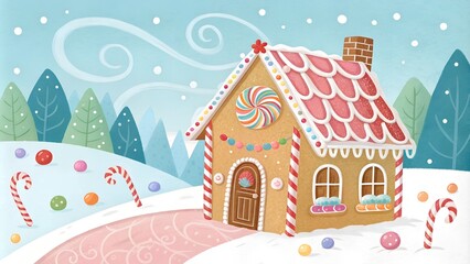 Festive gingerbread house in a snowy winter wonderland