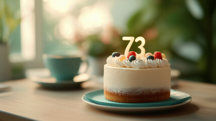 Celebratory cake with a 73rd birthday candle