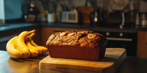 Homemade Banana Bread Loaf With Fresh Bananas