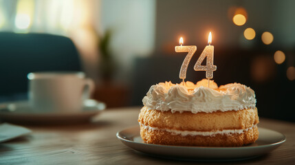 Celebratory birthday cake with number 74 candle for a special milestone