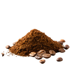 coffee beans with ground powder explosion isolated on white background, dynamic studio shot, clipping path, transparent PNG download, perfect for marketing, product photography, and retail trade