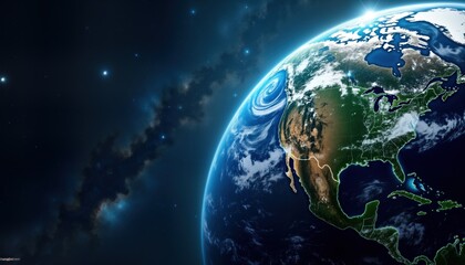 Earth globe space background. Planet Earth view from cosmos. Blue green planet wallpaper. Galaxy stars. Environmental concept image. Eco nature protection. Global warming. Recycling reuse. Save