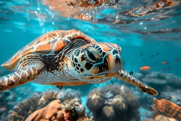 Fototapeta premium Sea Coral Turtle Underwater View with Vibrant Fish and Coral Reef