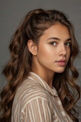 Naklejka premium young woman with long wavy brown hair and brown eyes