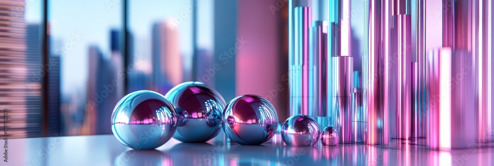 Poster a futuristic arrangement of reflective spheres and vertical bars in a vibrant color palette.