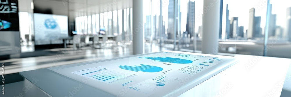Aufkleber A modern office space featuring a digital display with data visualizations.
