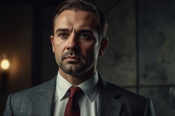 close-up portrait of brutal businessman in suit, serious rich man