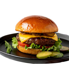 Hamburger with lettuce and tomato isolated on white transparent background, png download, cut out photography of classic American fast food, raw beef steak, minimalist studio shot, no people
