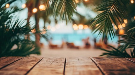 Wooden Table Tropical Beach Night Lights Scene