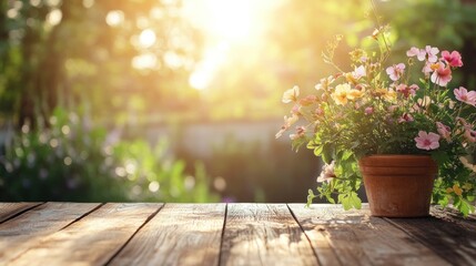 Sunlit Flowers in Terracotta Pot on Wooden Table