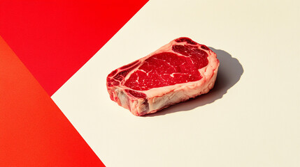 Obraz premium Juicy Raw Steak on Red and White Background Food Photography Gourmet Meat
