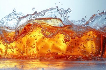 dynamic splash of cascading liquid soda or tea, frozen in mid-air against a pure white background, capturing vibrant colors and textures in an abstract and energetic visual composition
