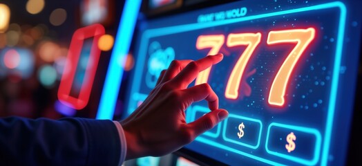 Hand presses 777 jackpot on online casino slot machine screen. Neon lights shine. Dollar symbols appear. Gambling game concept. Digital money win. Blue banner background.