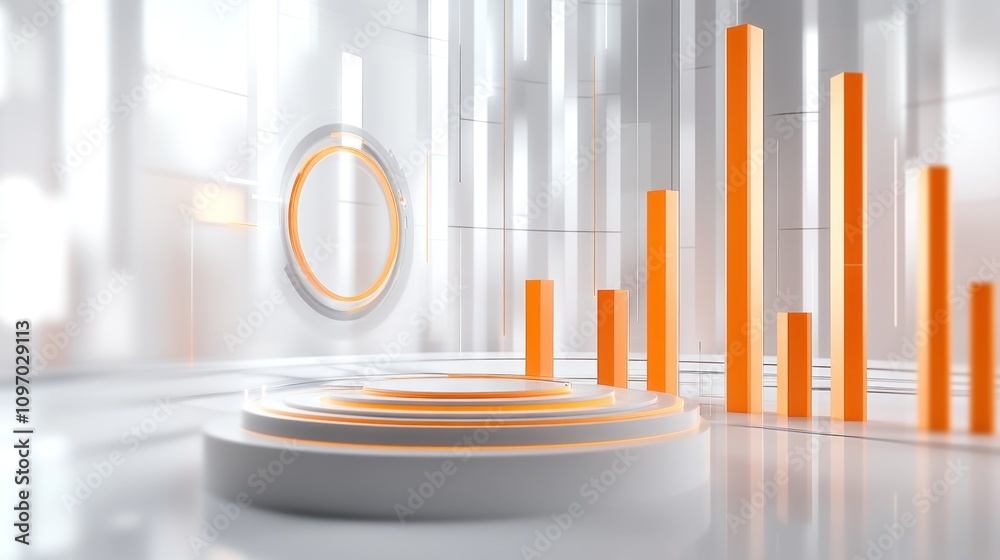 Poster A modern, minimalistic space featuring orange bar graphs and circular elements.