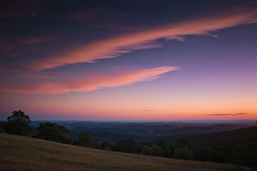 Fototapeta premium Tranquil Twilight Landscape Panorama with Warm Peach and Violet Horizon