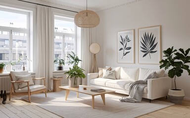 Fototapeta premium A bright and airy living room features a light beige sofa, a light wood coffee table, and a light wood armchair with a light beige cushion. 