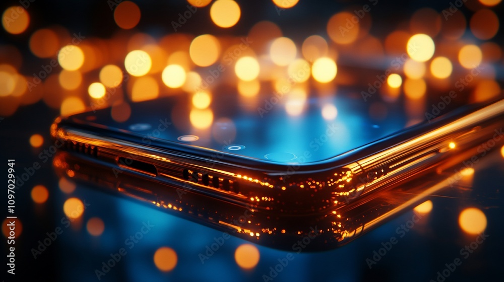 Poster Sleek smartphone on reflective surface with bokeh lights.