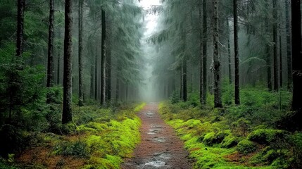 Fototapeta premium A misty forest path surrounded by tall trees and lush greenery.