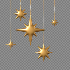 Fototapeta premium Hanging golden stars. Shiny gold star hangs on string, holidays garland. Merry Christmas and Happy New Year vector festive template background for greeting card.