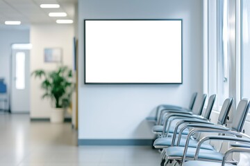 Modern waiting area with empty chairs and a blank digital screen, creating a calm and spacious atmosphere. Placeholder, blank screen