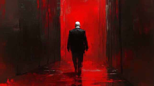 a bald hitman with a black suit with a red tie walking in a server room with eletric effects in painting style