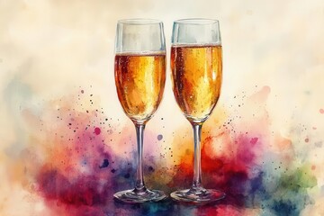 elegant champagne glasses glimmer with delicate watercolor strokes, reflecting colorful lights in a festive atmosphere, perfect for toasting celebrations and special occasions