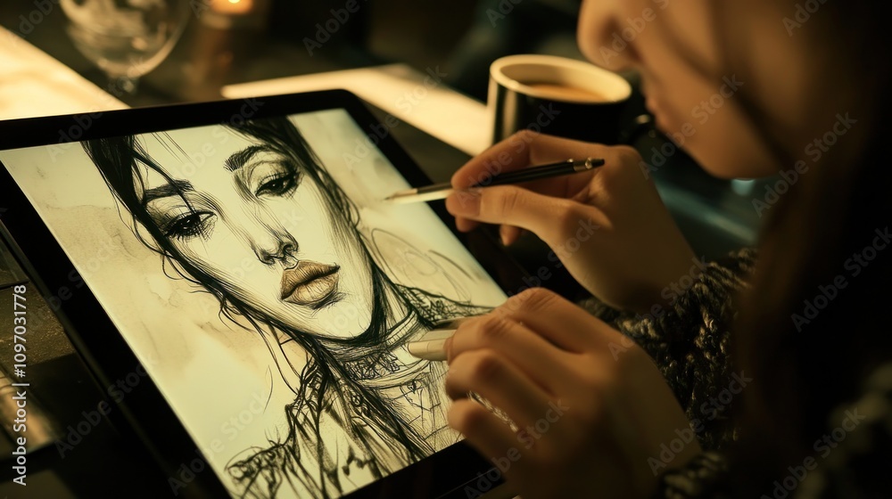 Aufkleber a person creating digital art of a woman's portrait on a tablet in a cozy setting.