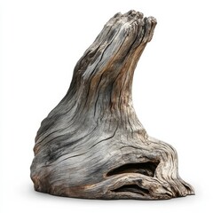 Driftwood sculpture with unique texture and shape, isolated on white
