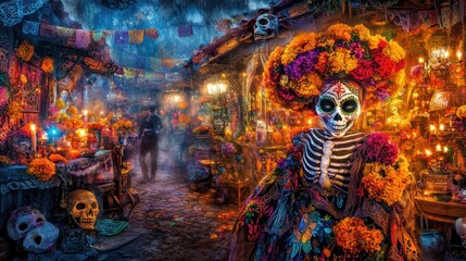 A vibrant scene depicting a Día de los Muertos celebration with colorful decorations and a skeleton figure.