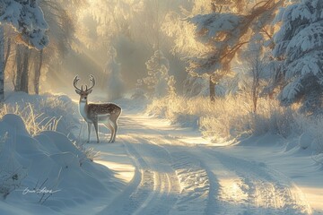 Winter Forest Landscape Covered in Frost with Snow-Covered Trees and Deer