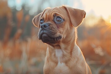 Fototapeta premium Portrait of a Pugelier Puppy Cavalier King Charles Spaniel Orange Gradient Background